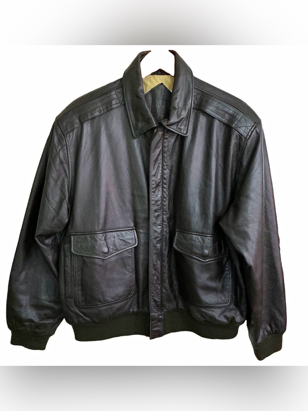 Men's Dark Brown Leather Bomber Jacket with Front Flap Pockets size XL